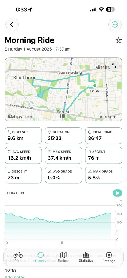 Ride detail screen with the route map, distance, duration, speed and elevation profile.