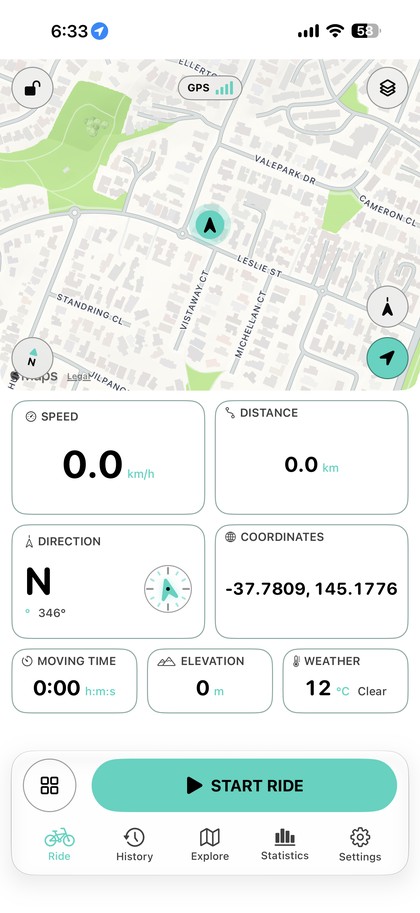 Ride screen with a live map, speed, distance, heading, moving time, elevation and weather.
